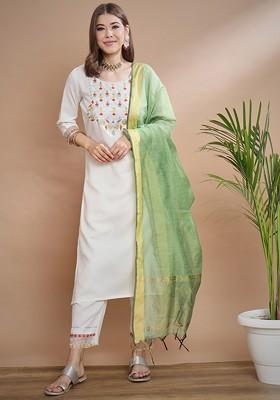 White Floral Embroidered Poly Blend Kurta Set
