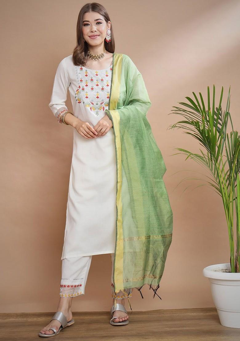 White Floral Embroidered Poly Blend Kurta Set