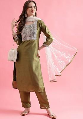 Green Printed Poly Blend Kurta Set