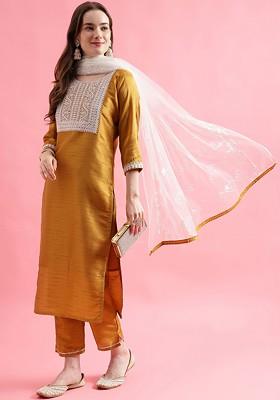 Mustard Sequin Embroidered Poly Blend Kurta Set