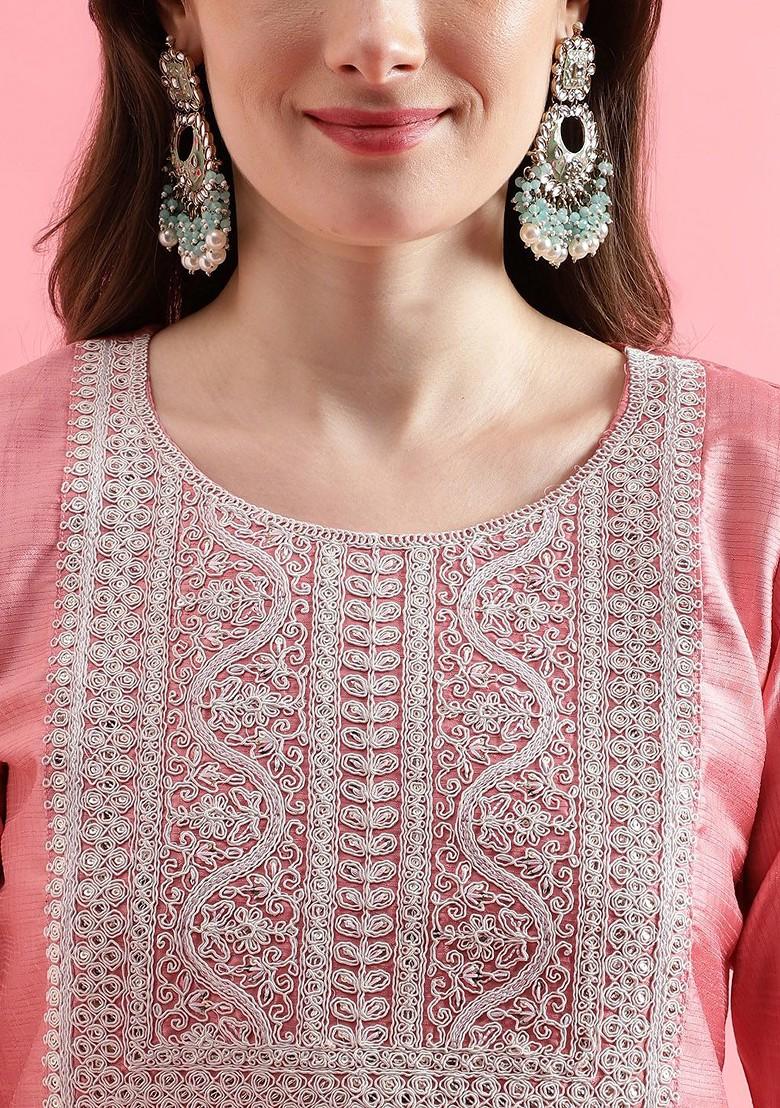 Peach Printed Poly Blend Kurta Set