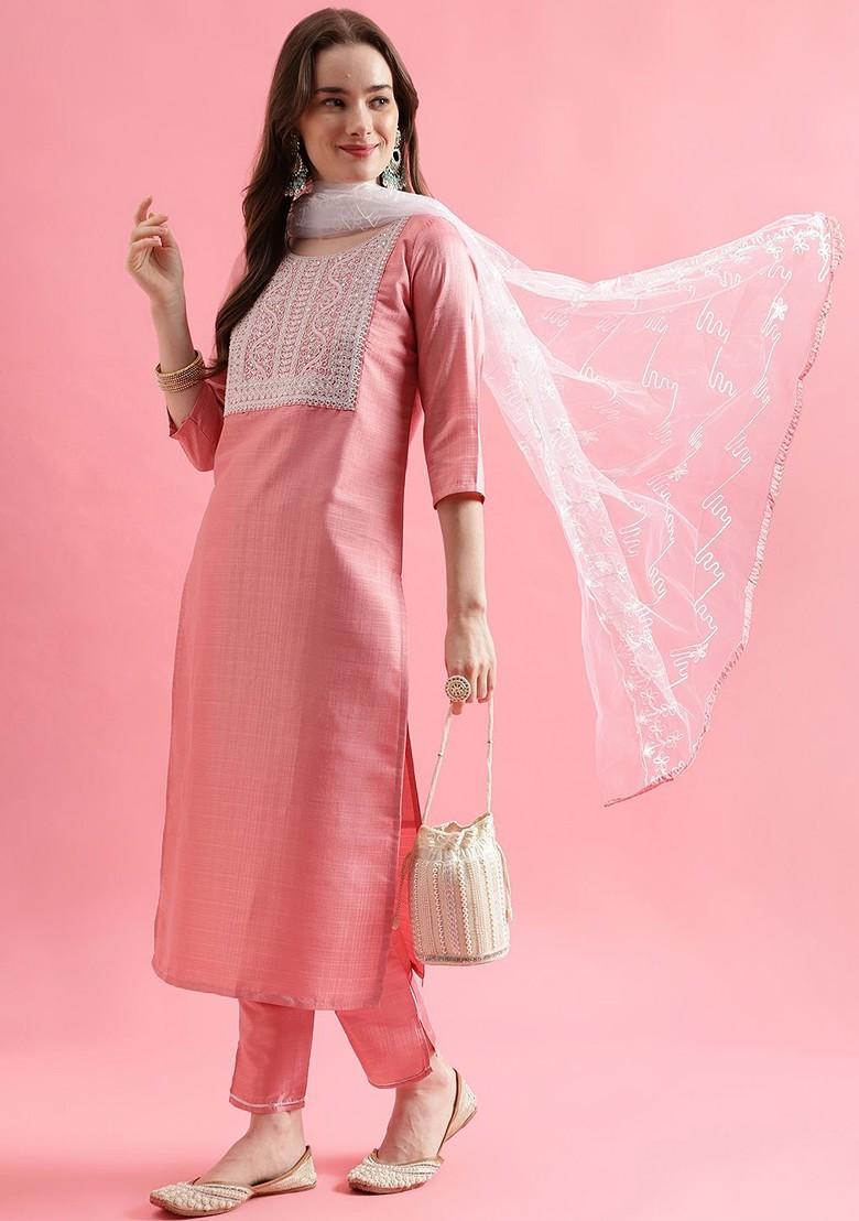 Peach Printed Poly Blend Kurta Set
