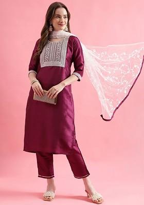 Purple Printed Poly Blend Kurta Set