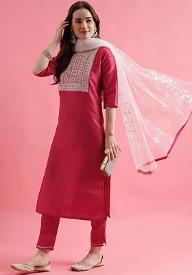 Pink Printed Poly Blend Kurta Set