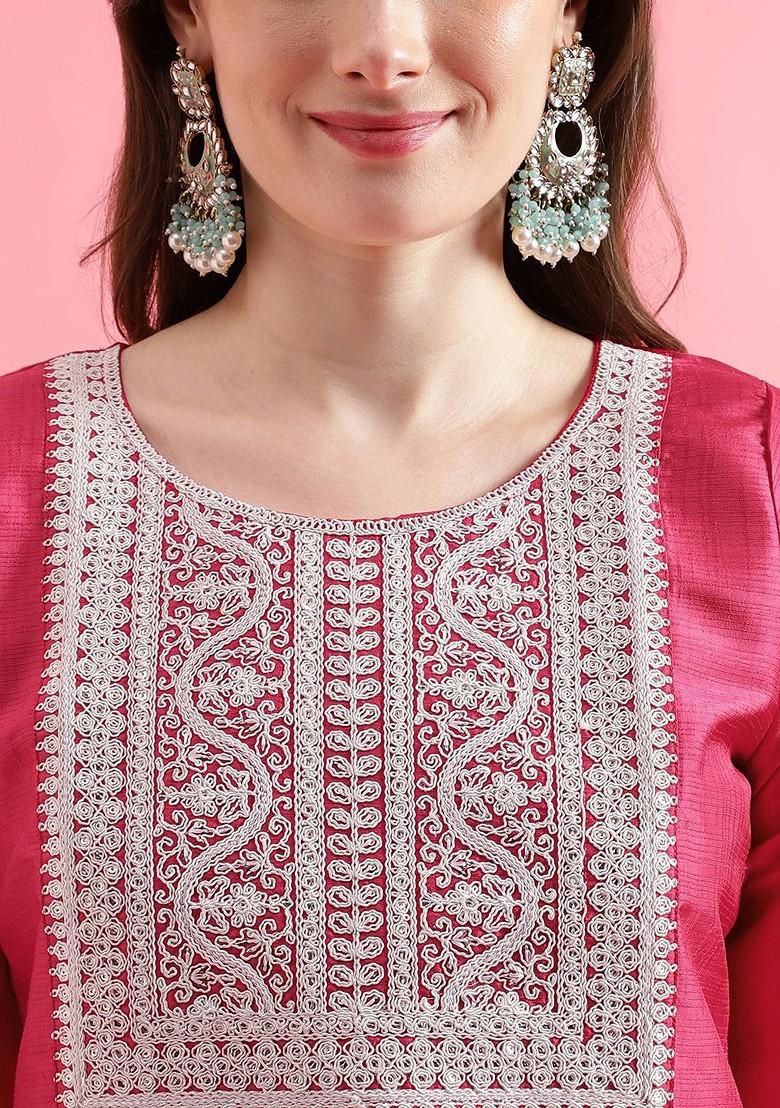 Pink Printed Poly Blend Kurta Set