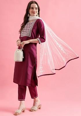 Purple Printed Poly Blend Kurta Set