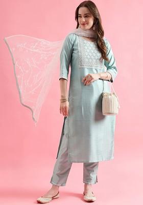 Sea Green Floral Embroidered Poly Blend Kurta Set