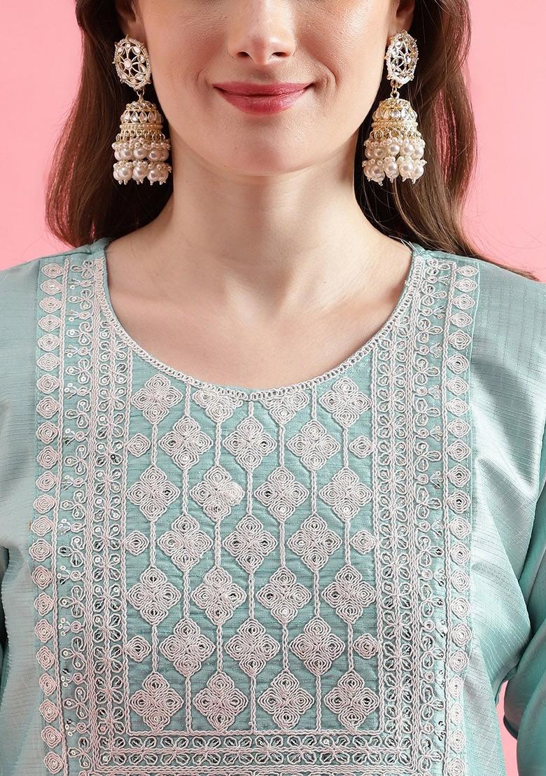 Sea Green Floral Embroidered Poly Blend Kurta Set