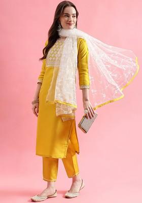 Yellow Printed Poly Blend Kurta Set
