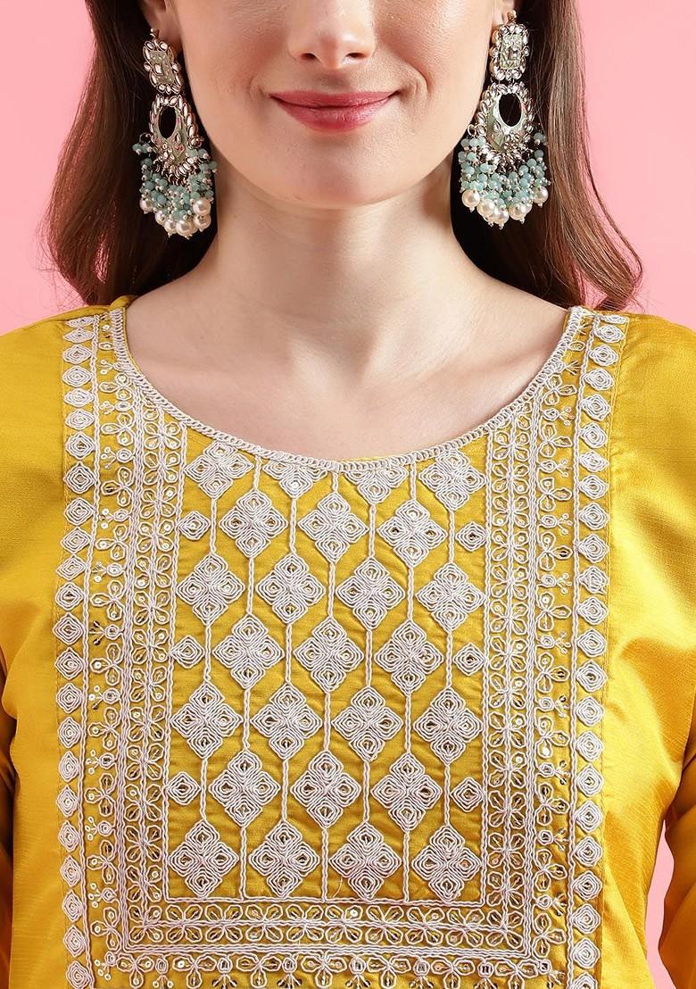 Yellow Printed Poly Blend Kurta Set