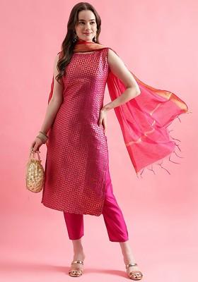 Pink Printed Poly Blend Kurta Set