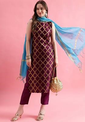 Purple Bead Embroidered Poly Blend Kurta Set With Dupatta