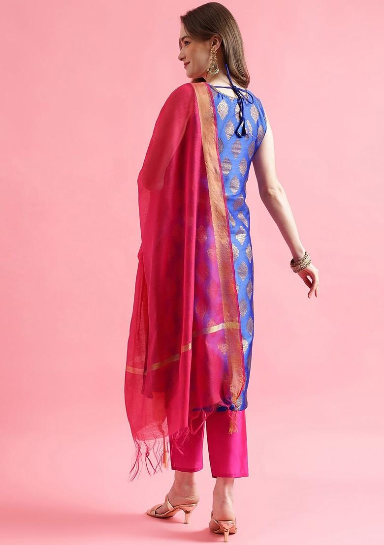 Blue Solid Poly Blend Kurta Set