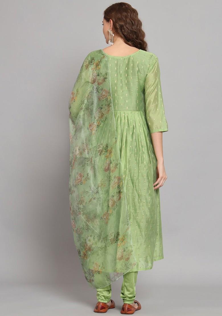 Green Printed Silk Kurta Set