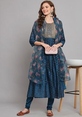 Teal Printed Silk Kurta Set