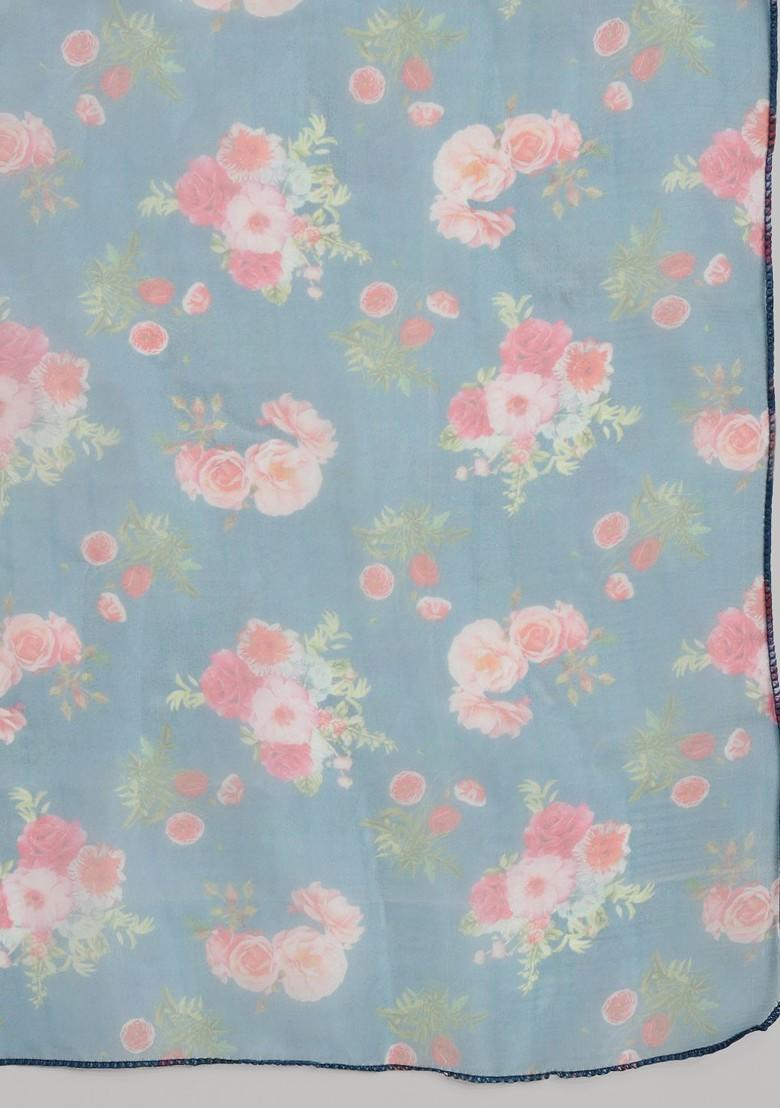 Teal Printed Silk Kurta Set