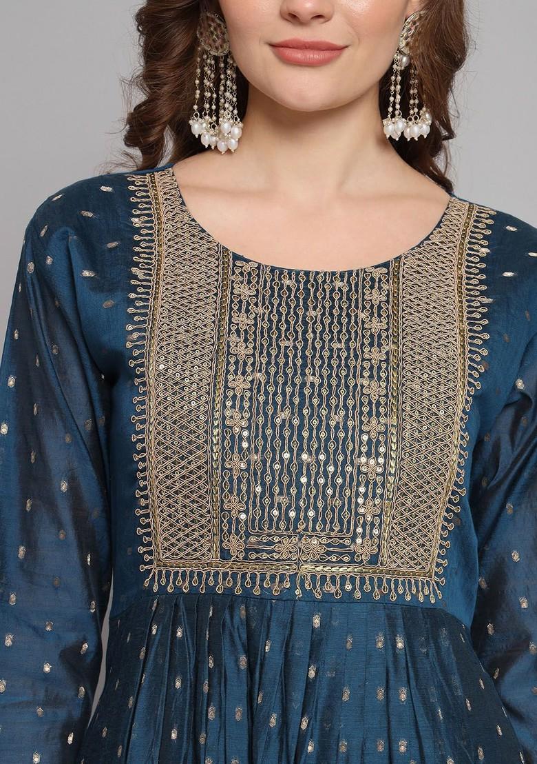 Teal Printed Silk Kurta Set