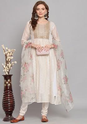 White Floral Embroidered Silk Kurta Set