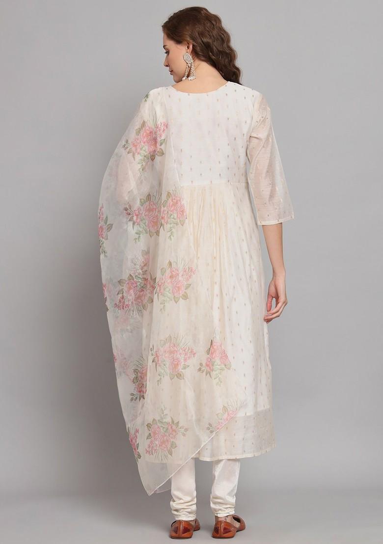 White Floral Embroidered Silk Kurta Set