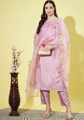 Lavender Printed Poly Blend Kurta Set