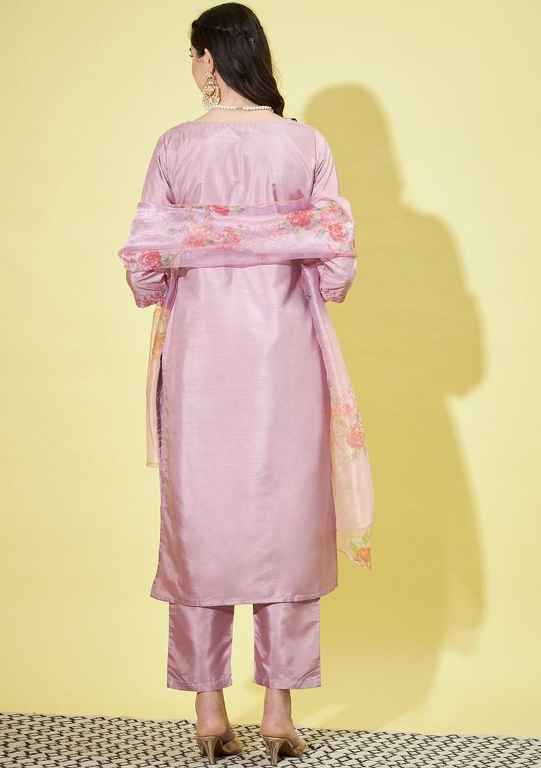 Lavender Printed Poly Blend Kurta Set
