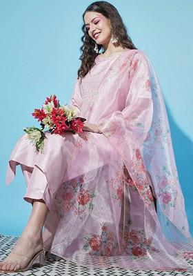 Pink Floral Embroidered Poly Blend Kurta Set