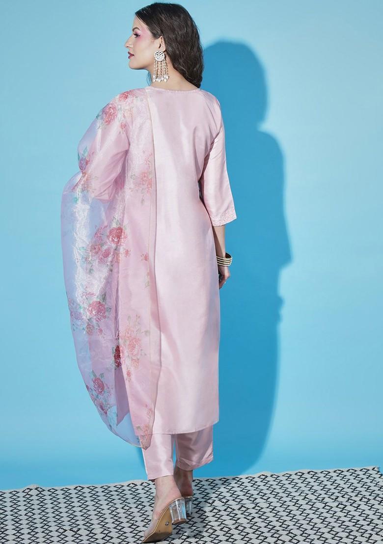 Pink Floral Embroidered Poly Blend Kurta Set