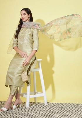 Green Printed Poly Blend Kurta Set