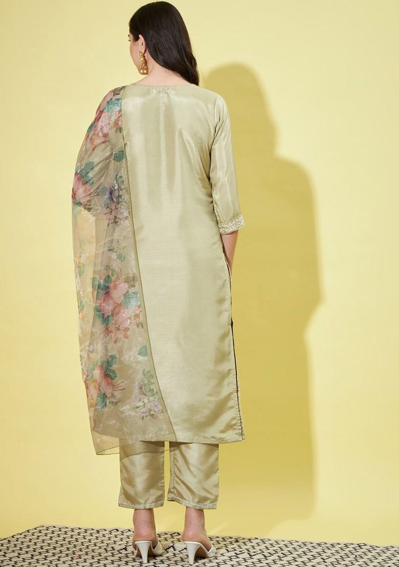 Green Printed Poly Blend Kurta Set