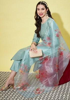 Sea Green Printed Poly Blend Kurta Set