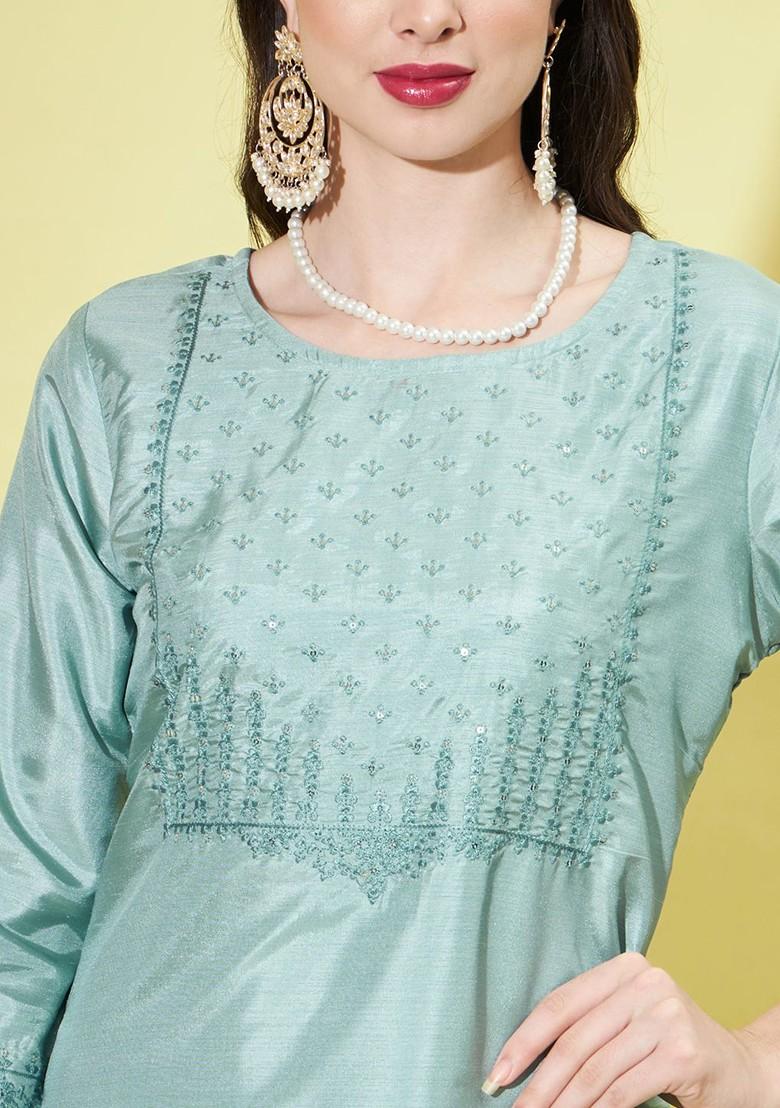 Sea Green Printed Poly Blend Kurta Set