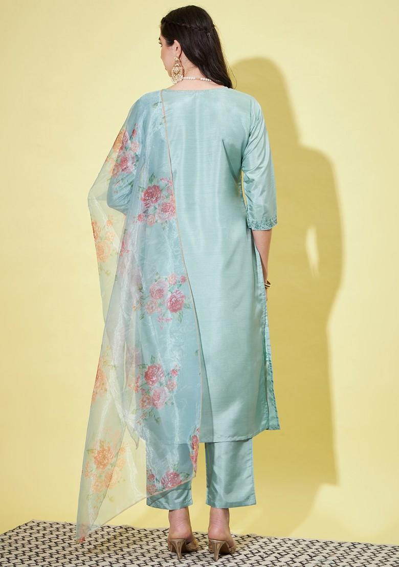 Sea Green Printed Poly Blend Kurta Set