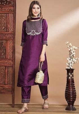 Purple Printed Poly Blend Kurta Set