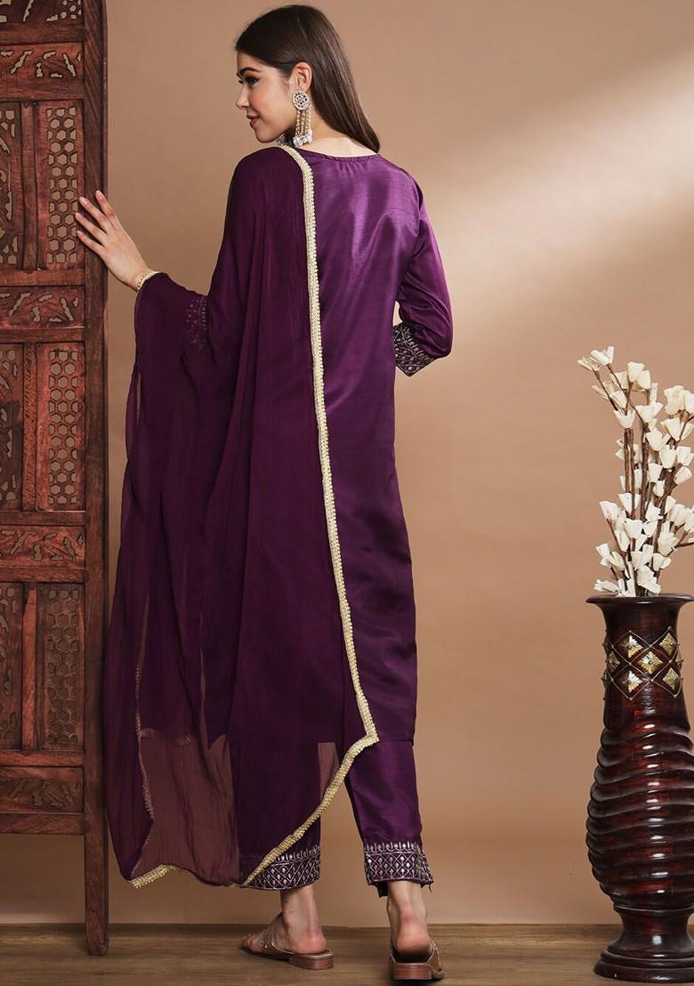 Purple Printed Poly Blend Kurta Set