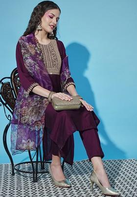 Purple Printed Poly Blend Kurta Set
