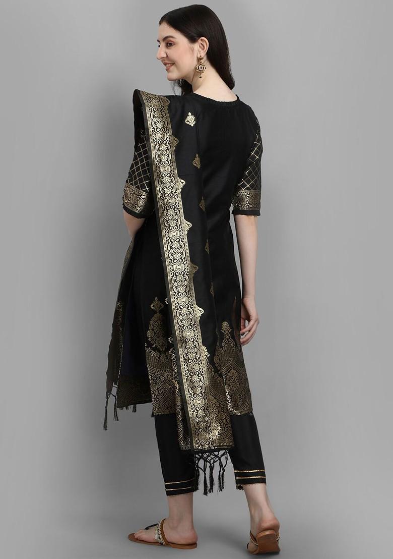 Black Ethnic Motifs Embroidery Poly Blend Kurta Set