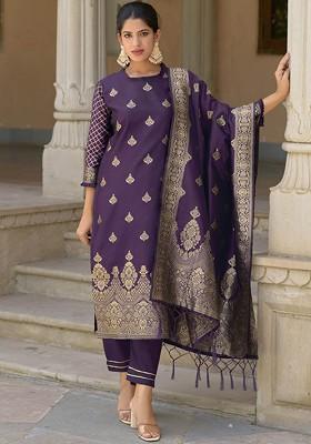 Purple Ethnic Motifs Embroidery Silk Kurta Set