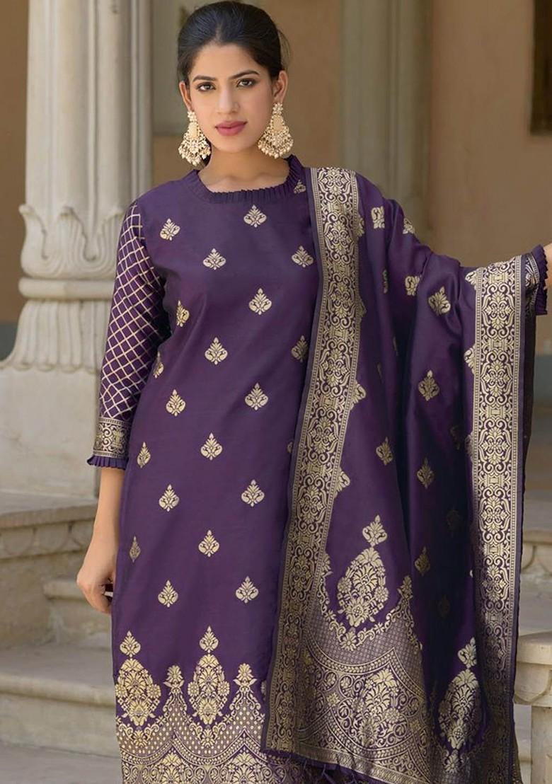 Purple Ethnic Motifs Embroidery Silk Kurta Set