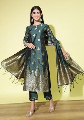 Green Woven Silk Kurta Set