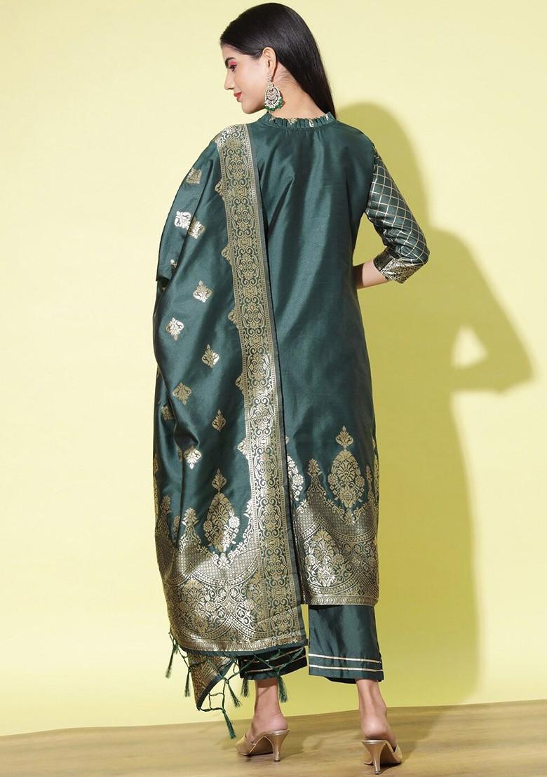 Green Woven Silk Kurta Set