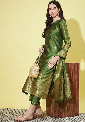 Green Woven Poly Blend Kurta Set