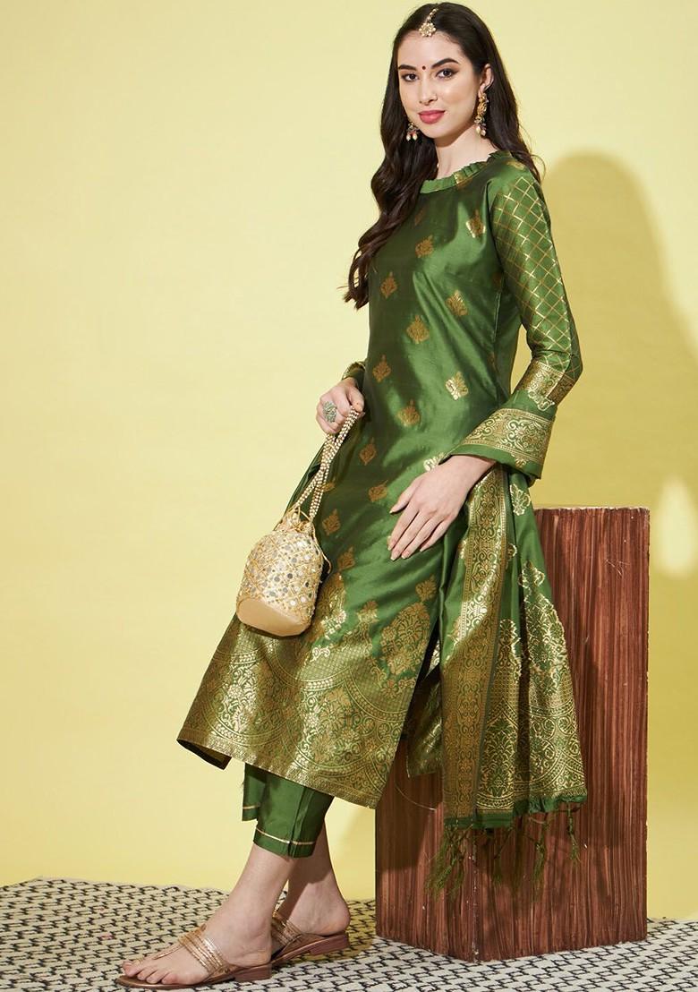Green Woven Poly Blend Kurta Set