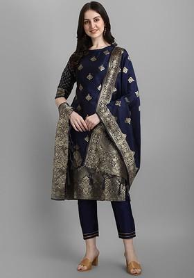 Navy Blue Ethnic Motifs Embroidery Poly Blend Kurta Set