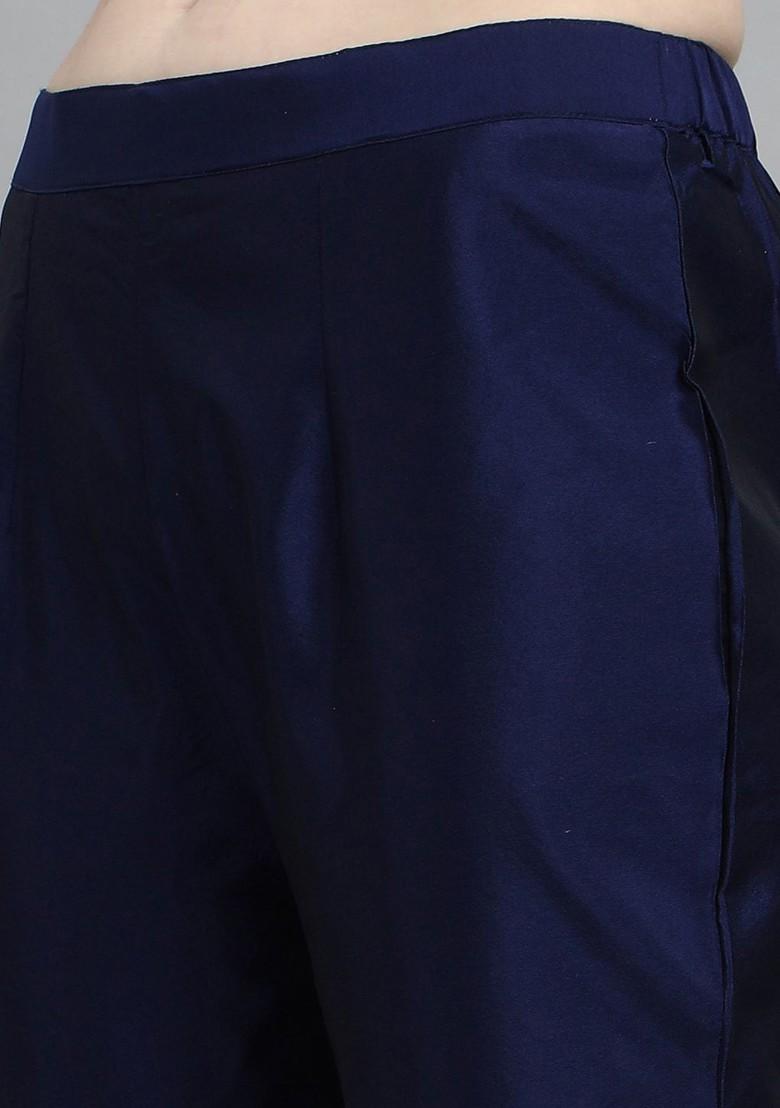 Navy Blue Ethnic Motifs Embroidery Poly Blend Kurta Set