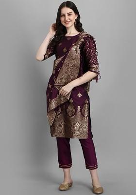 Purple Ethnic Motifs Embroidery Poly Blend Kurta Set
