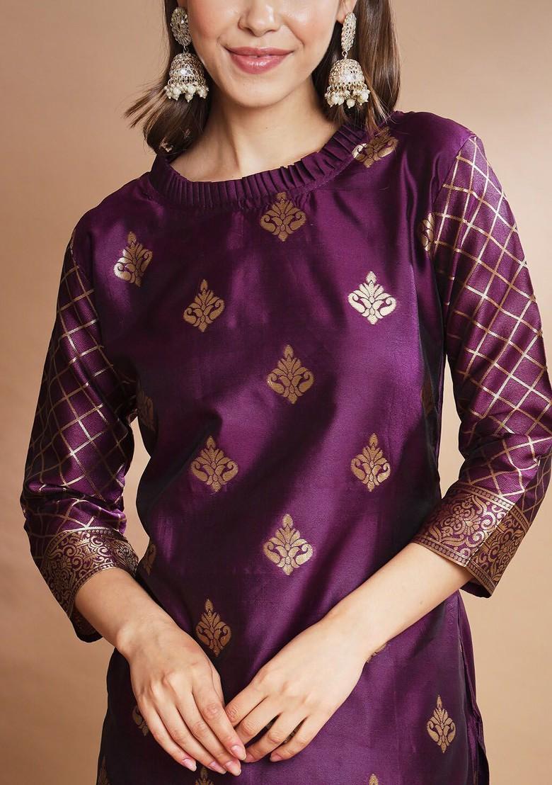 Purple Woven Poly Blend Kurta Set
