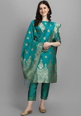 Turquoise Blue Printed Poly Blend Kurta Set