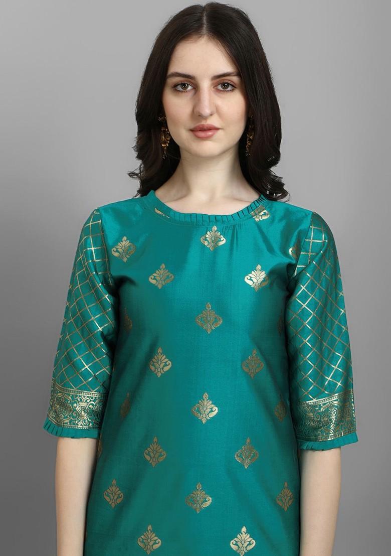 Turquoise Blue Printed Poly Blend Kurta Set