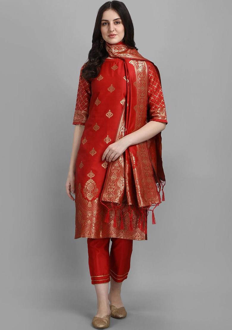 Red Ethnic Motifs Embroidery Poly Blend Kurta Set