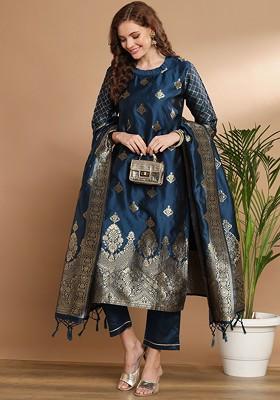 Teal Ethnic Motifs Embroidery Poly Blend Kurta Set